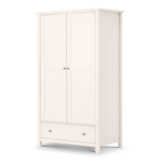 The CHOICEWARDROBE Madge 2 Door 1 Drawer Wooden Wardrobe in Surf White features a classic paneled design, hanging rail, storage drawer with round metallic handles, and stands on four short legs for an elegant coastal look.