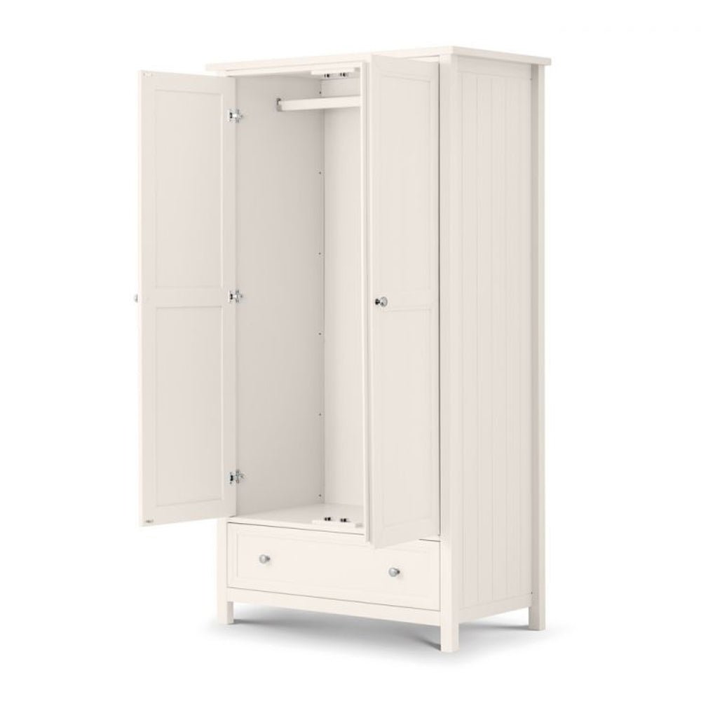 White 2-door wardrobe open showing hanging rail and drawer below
