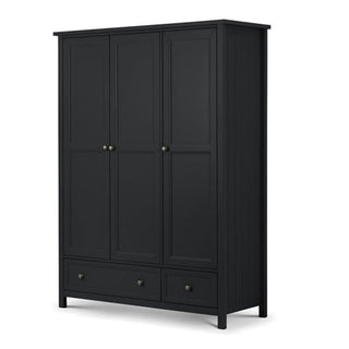 The CHOICEWARDROBE Madge 3 Door 2 Drawer Wardrobe, 141 cm in matte black painted finish, features a classic Shaker design with three doors, two spacious drawers, and four legs, shown against a plain white background.
