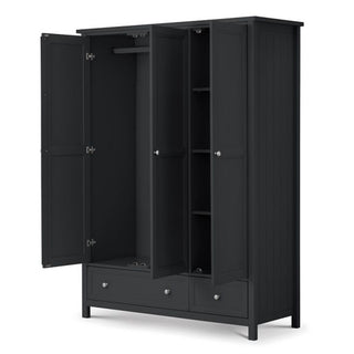 The CHOICEWARDROBE Madge 3 Door 2 Drawer Wardrobe in matte black features classic Shaker design, a hanging rail, shelves behind multiple doors, and two spacious drawers for versatile storage. Width: 141 cm.