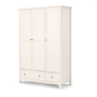 The CHOICEWARDROBE Madge 3 Door Wide Wooden Wardrobe in White (141cm) features panel detailing, silver knobs, two bottom drawers, and a hanging rail—modern and stylish bedroom storage on a plain background.