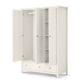 The CHOICEWARDROBE Madge 3 Door Wide Wooden Wardrobe in White (141cm) offers modern storage with a hanging rail, shelves, and two drawers—ideal for organized bedroom storage.