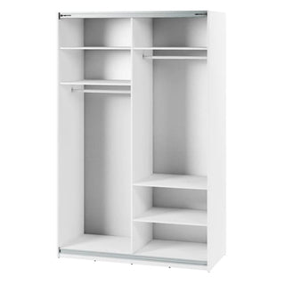 The CHOICEWARDROBE Madrid 170 cm sliding mirrored wardrobe in matt white features a modern minimalist design with shelves and double hanging rail, offering organized storage behind two sliding doors.