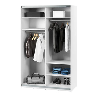 The CHOICEWARDROBE Madrid 170 cm 2 Door Sliding Mirrored Wardrobe in matt white features double hanging rails, shelves for folded items, space for shoes and boxes, and a modern minimalist design perfect for organized storage.