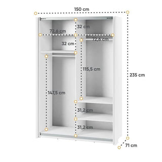 CHOICEWARDROBE Madrid 170 cm 2 Door Sliding Mirrored Wardrobe in matt white finish. Features modern minimalist design with shelves and double hanging rail for organized storage.