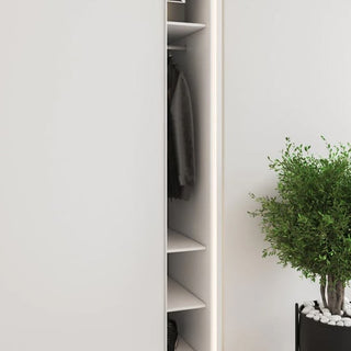 The CHOICEWARDROBE Madrid 170 cm 2 Door Sliding Mirrored Wardrobe in matt white finish, with shelves and double hanging rail, stands beside a green potted plant with white stones against a plain white wall.