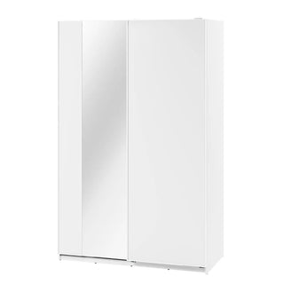 The CHOICEWARDROBE Madrid 2 Door Sliding Wardrobe in 150cm white gloss finish features a full-length mirror, LED edge lighting, spacious shelves, and a hanging rail, presented against a plain white background.