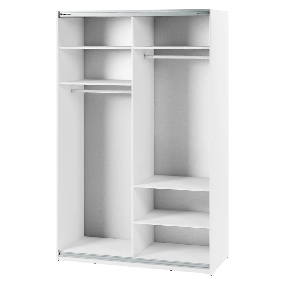 White gloss 2-door sliding wardrobe interior with shelves and hanging rails