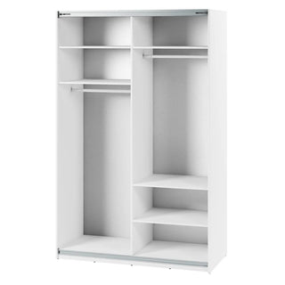 The CHOICEWARDROBE Madrid 2 Door Sliding Wardrobe (150cm, white gloss) features a full-length mirror, LED edge lighting, and spacious storage with shelves and a hanging rail for a clean, modern look.
