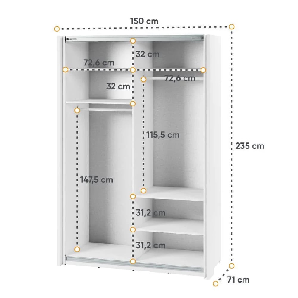 150cm white gloss sliding wardrobe with internal dimensions diagram