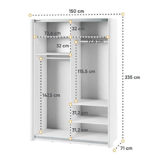 The CHOICEWARDROBE Madrid 2 Door Sliding Wardrobe (150cm, White Gloss Finish) features a full-length mirror, LED edge lighting, spacious shelves and hanging rail for organized storage. Dimensions: 150cm W x 235cm H x 71cm D.