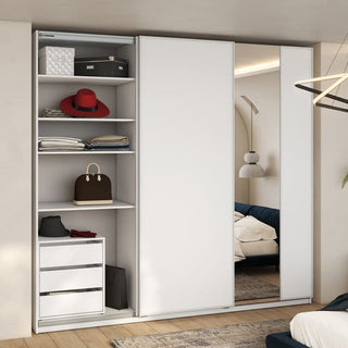 The CHOICEWARDROBE Madrid 220cm 3 Door Sliding Mirrored Wardrobe in high gloss white with shelves, hanging rails, drawers, and storage for clothes and accessories is shown open, with a glimpse of a bedroom in the background.