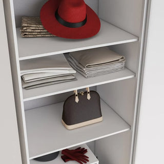 The CHOICEWARDROBE Madrid 220cm 3 Door Sliding Mirrored Wardrobe in high gloss white features shelves displaying a beige scarf, red hat, stacked clothes, brown handbag, and red gloves for a stylish modern storage solution.