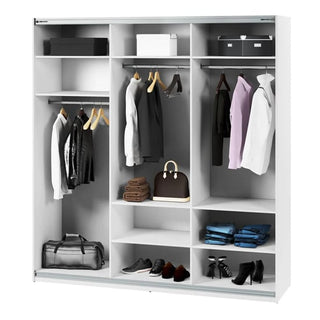 The CHOICEWARDROBE Madrid 220cm 3 Door Sliding Mirrored Wardrobe in high gloss white features shelves and hanging rails, offering contemporary minimalist style and organized storage for clothes, shoes, boxes, handbags, and more.