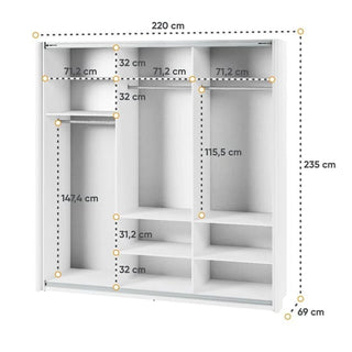 The CHOICEWARDROBE Madrid 220cm 3 Door Sliding Mirrored Wardrobe in high gloss white features shelves and hanging rails, a minimalist design, and is front-facing with labeled dimensions: 220cm wide, 235cm high; various compartment sizes in cm.