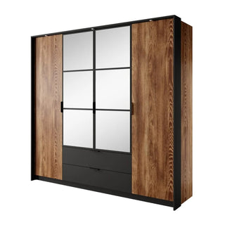 The CHOICEWARDROBE Madrid 223cm 4 Door Wardrobe in chestnut oak features two wooden sliding doors, two central black-framed mirrored doors with grid lines, two bottom drawers, and a modern black frame.