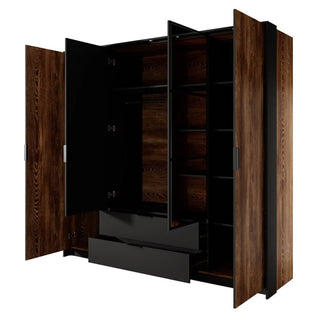 The CHOICEWARDROBE Madrid 223cm 4 Door Wooden Wardrobe in chestnut oak features a modern black frame, sliding doors with mirror, hanging rail, shelves, and two black drawers. Interior and shelves are in a deeper shade than the exterior.