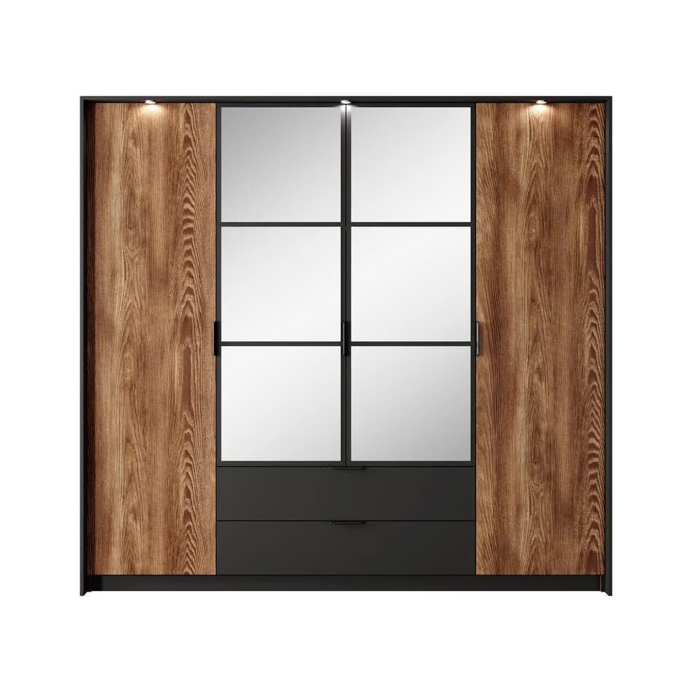 CHOICEWARDROBE Madrid 223cm chestnut oak wardrobe with black frame, mirrored doors & drawers
