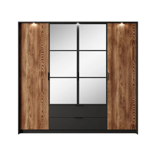 The CHOICEWARDROBE Madrid 223cm features chestnut oak and black frame, four sliding doors (central mirrored section), three bottom drawers, hanging rail, and two top-corner lights for a modern look.