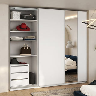 The CHOICEWARDROBE Madrid 250cm 3 Door Sliding Mirrored Wardrobe in high gloss white features full-length mirror doors, smooth glide tracks, internal shelves for boxes and bags, and three bottom drawers, offering sleek bedroom storage.