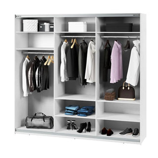 The CHOICEWARDROBE Madrid 250cm Sliding Mirrored Wardrobe in high gloss white features full-length mirror doors, smooth glide tracks, and internal shelves—perfect for neatly organizing clothes, shoes, bags, and accessories in your bedroom.