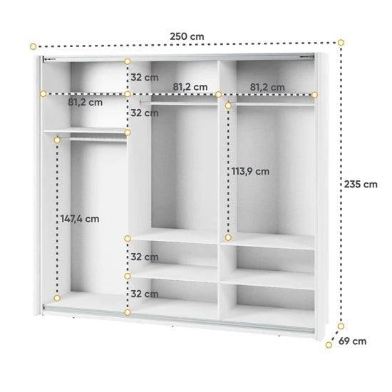 CHOICEWARDROBE Madrid 250cm sliding mirrored wardrobe in high gloss white finish with dimensions shown.