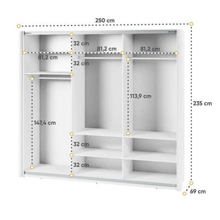 The CHOICEWARDROBE Madrid 250cm 3 Door Sliding Mirrored Wardrobe features a high gloss white finish, full-length mirrors, smooth glide tracks, and internal shelves at heights of 32cm, 81.2cm, 113.9cm, 147.4cm, and 69cm for efficient bedroom storage.