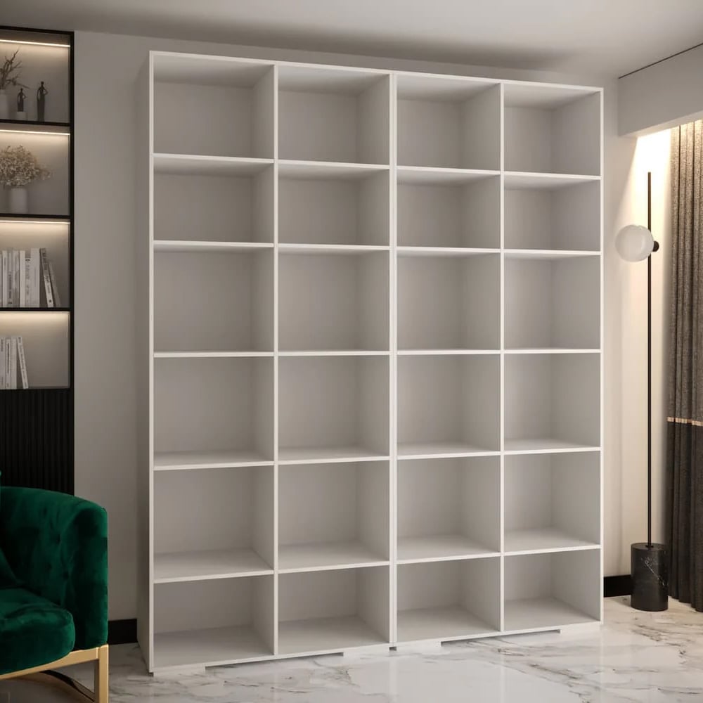 White wardrobe interior with multiple shelves and hanging rails