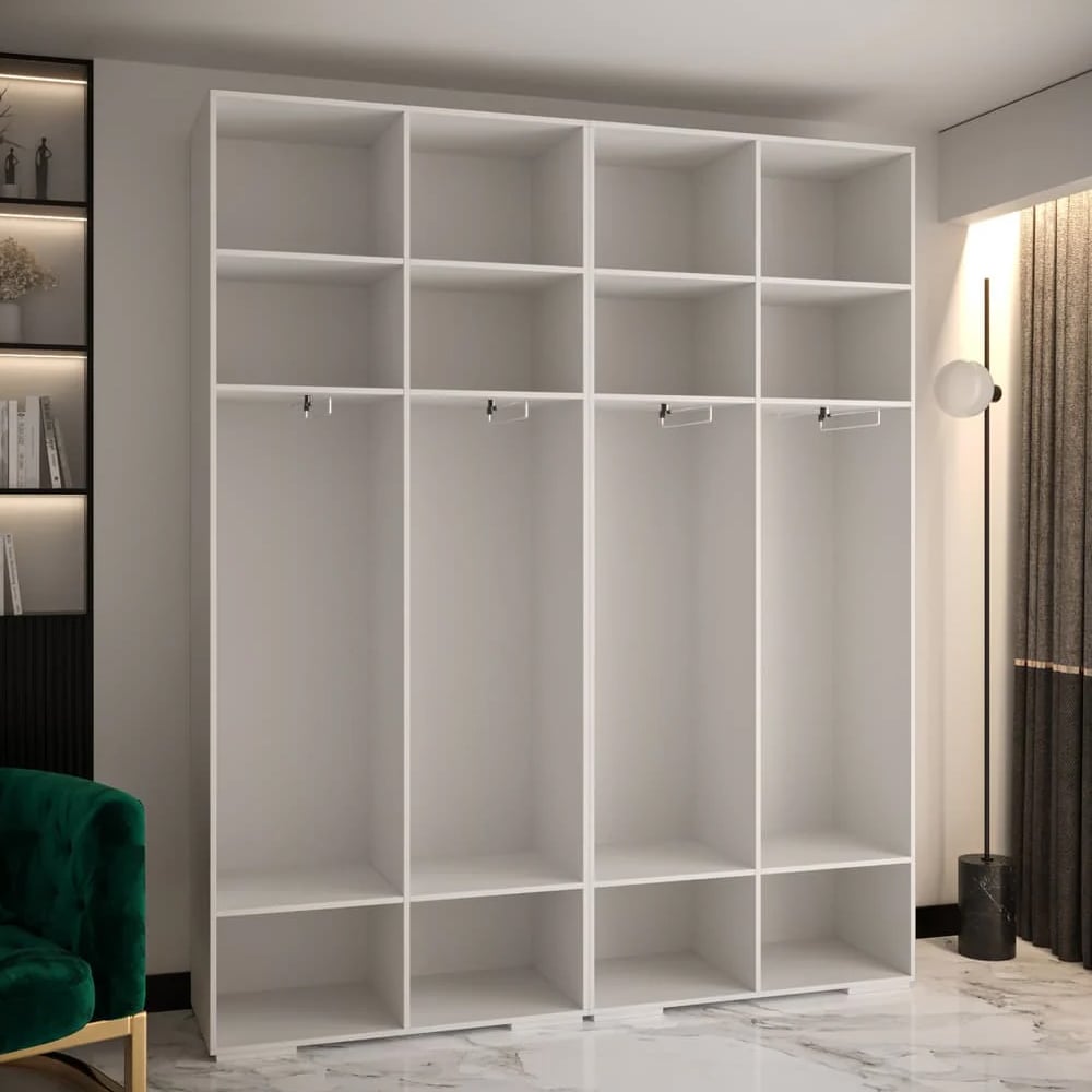 Open white CHOICEWARDROBE Madrid 4 door wardrobe interior showing multiple shelves and hanging rails.