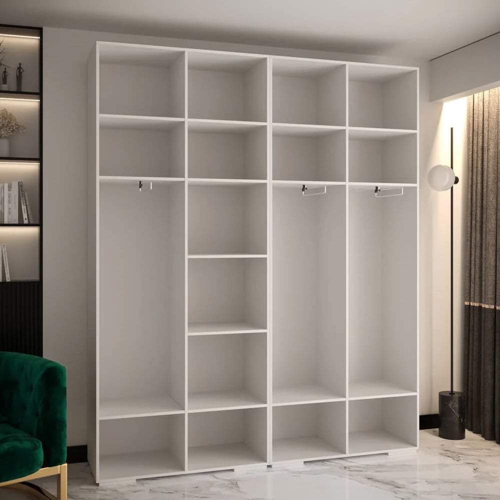 White wardrobe interior with multiple shelves and hanging rails