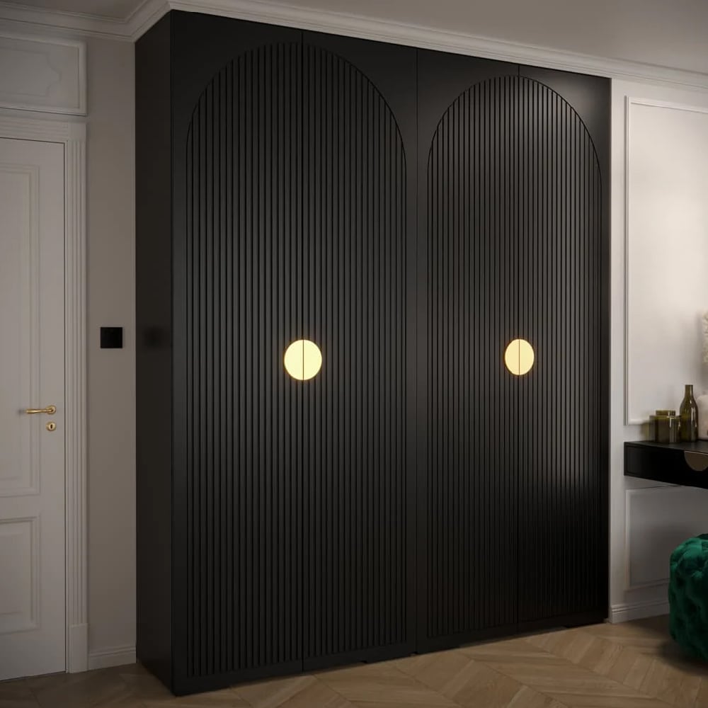 CHOICEWARDROBE Madrid 4-door black fluted wardrobe with arched doors and gold circular handles.