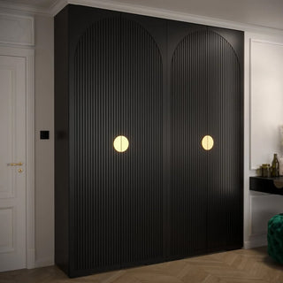 The CHOICEWARDROBE Madrid 4 Door Wooden Wardrobe (200cm wide) features a black fluted design, gold circular handles, and premium sliding storage—ideal for adding luxury and modern style to any bedroom.