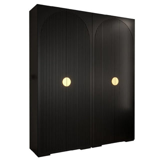 The CHOICEWARDROBE Madrid 4 Door Wooden Wardrobe, 200cm wide, features a black fluted design with gold circular handles and premium sliding storage. Photographed against a white background, it brings luxury style to any bedroom.