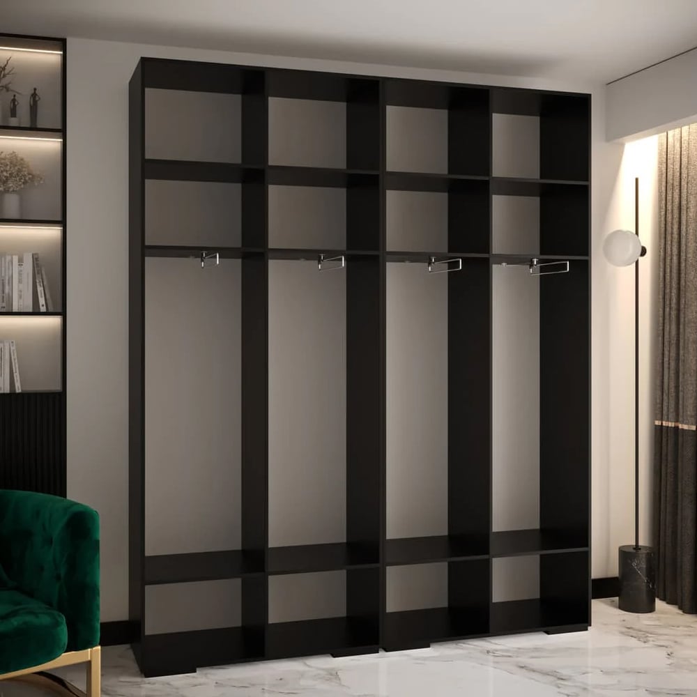 CHOICEWARDROBE Madrid 4-door sliding wardrobe, 200cm wide, black fluted finish with gold handles.