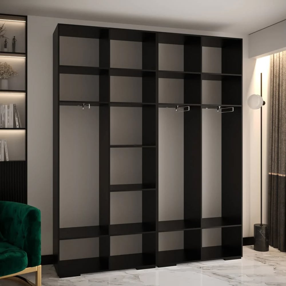 CHOICEWARDROBE Madrid 4 Door Wooden Wardrobe in black fluted design with gold circular handles.