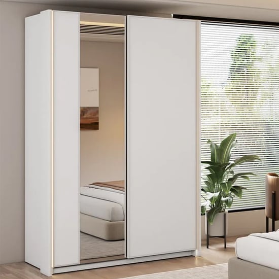 CHOICEWARDROBE Madrid 120cm white gloss sliding wardrobe with mirror panel and LED lighting.