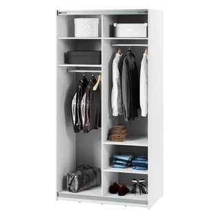 The CHOICEWARDROBE Madrid Wardrobe 120cm in White Gloss features 2 sliding doors with a mirrored panel and LED lighting, showcasing neatly organized clothes, storage boxes, shoes, and accessories inside.