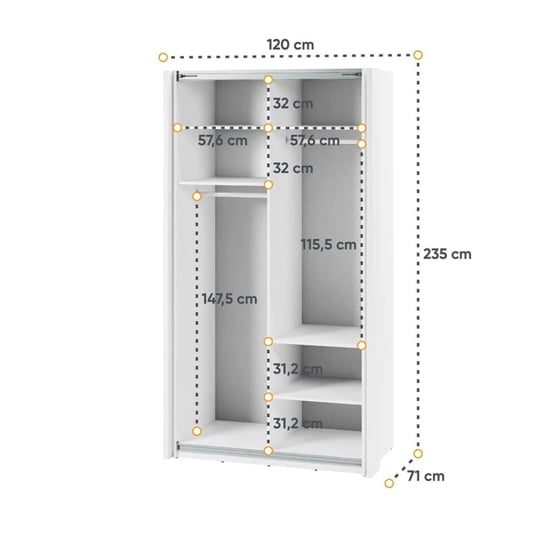White gloss sliding wardrobe 120cm with mirrored door and internal shelf dimensions.
