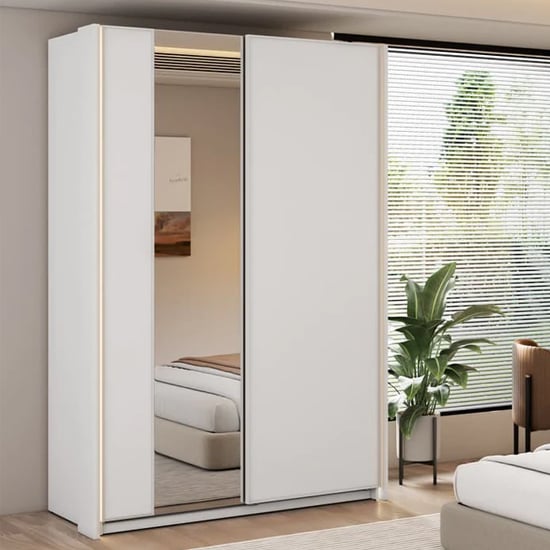 White gloss sliding door wardrobe with full mirror panel and LED lighting strip