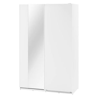 The CHOICEWARDROBE Madrid Wardrobe 150cm features a sleek white gloss finish, two sliding doors with a full mirror panel, modern clean lines, and an LED lighting strip for a stylish, contemporary look.
