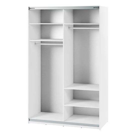 White gloss 150cm sliding door wardrobe with 2 doors, one mirrored, showing internal shelves and hanging rail.