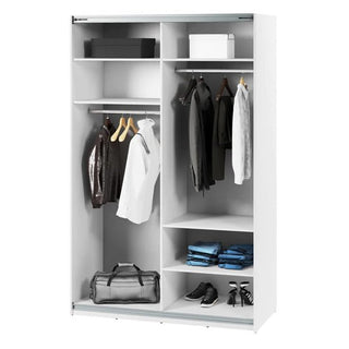 The CHOICEWARDROBE Madrid Wardrobe 150cm in White Gloss features 2 sliding doors with a full mirror panel and LED lighting strip, revealing organized shelves, hanging rods for shirts and jackets, and space for shoes, clothes, and accessories.