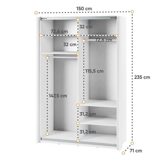 CHOICEWARDROBE Madrid 150cm W x 235cm H white gloss sliding wardrobe with full mirrored door, LED lighting, shelves and hanging rail.