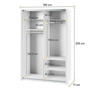 The CHOICEWARDROBE Madrid Wardrobe (150cm, White Gloss) features 2 sliding doors with a full mirror panel, LED lighting strip, open compartments, shelves, and a hanging rod. Dimensions: 150cm W x 235cm H x 71cm D; internal sections: 31.2–147.5cm H x 32–72.6cm W.