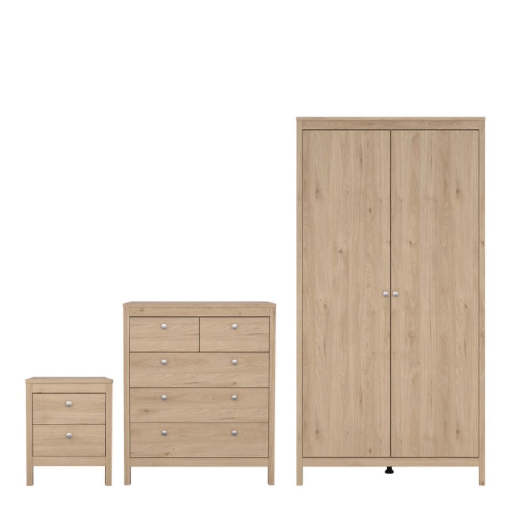 Oak effect 3 piece bedroom furniture set: 2 door wardrobe, 4 drawer chest, bedside table with silver handles.