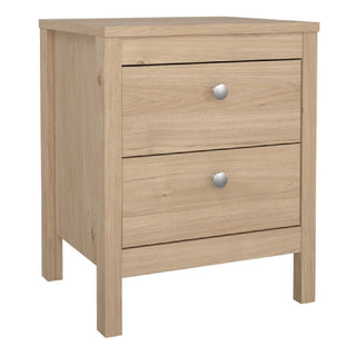 The CHOICEWARDROBE Malibu 3 Piece Bedroom Furniture Set in Oak Effect features a modern minimalist design with silver handles, including a 2 door wardrobe, 4 drawer chest, and bedside table for stylish bedroom storage.