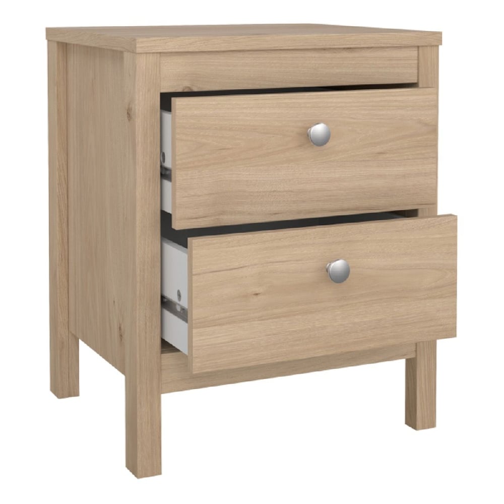 Oak effect bedside table with silver knob, part of the Malibu modern minimalist bedroom furniture set.