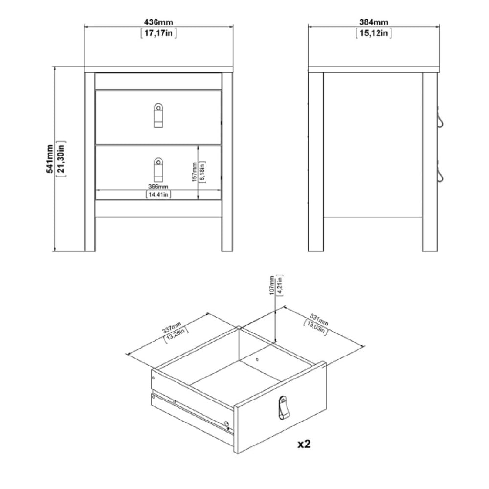 Malibu oak effect bedside table technical drawing with dimensions (541mm H x 436mm W).