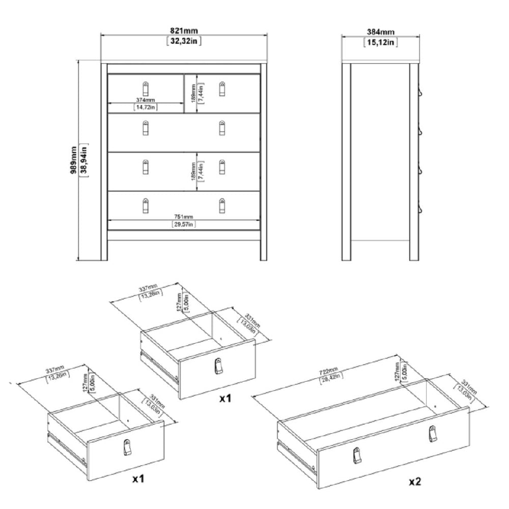 CHOICEWARDROBE Malibu 4 drawer chest dimensions: 989mm H x 821mm W x 384mm D. Oak effect bedroom furniture diagram.