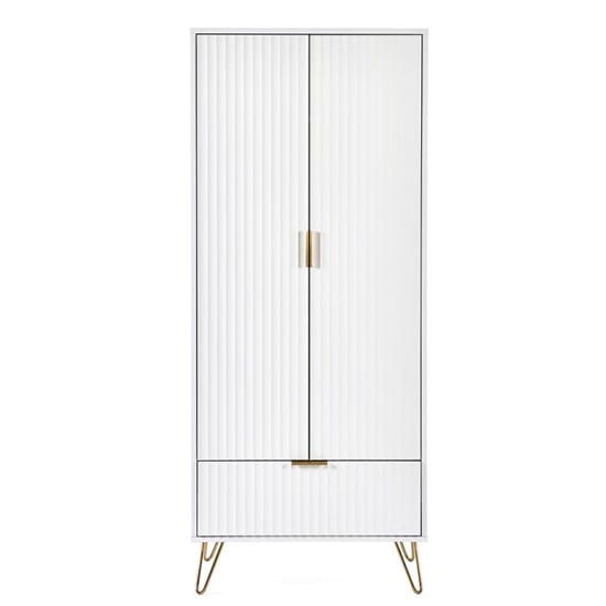 CHOICEWARDROBE Marius 2-door wardrobe, matt white fluted finish with gold legs and drawer.